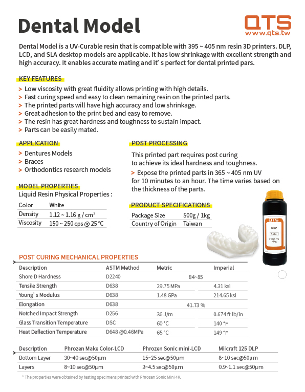 เรซิน UV-Curable รุ่นทันตกรรมเหมาะสำหรับอุปกรณ์การขึ้นรูป 3 มิติที่มีความยาวคลื่น 395~405 นาโนเมตร รวมถึงรุ่นเดสก์ท็อป DLP, LCD และ SLA มีการหดตัวต่ำ มีความแข็งแรงเป็นเลิศ และมีความแม่นยำสูง ชิ้นส่วนที่พิมพ์